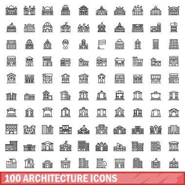 100 mimari simgesi belirlendi. Beyaz arkaplanda izole edilmiş 100 mimari simge vektörünün taslağı