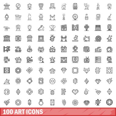 100 resim simgesi hazır. Beyaz arkaplanda izole edilmiş 100 sanat simgesi vektörünün taslağı