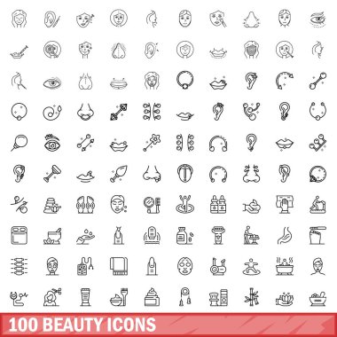 100 güzellik simgesi belirlendi. Beyaz arkaplanda izole edilmiş 100 güzellik simgesi vektörünün taslağı