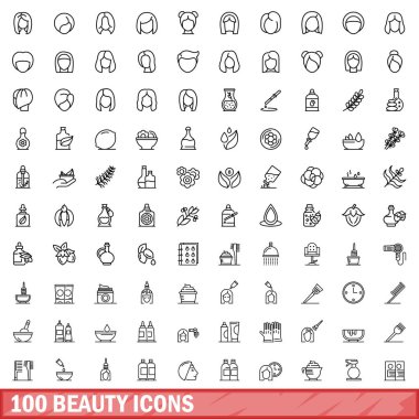 100 güzellik simgesi belirlendi. Beyaz arkaplanda izole edilmiş 100 güzellik simgesi vektörünün taslağı