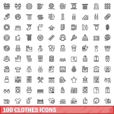 100 giysi ikonu. Beyaz arkaplanda izole edilmiş 100 giysi simgesi vektörünün taslağı