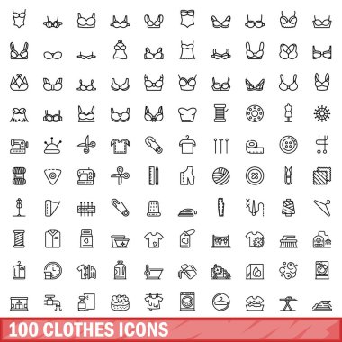 100 giysi ikonu. Beyaz arkaplanda izole edilmiş 100 giysi simgesi vektörünün taslağı