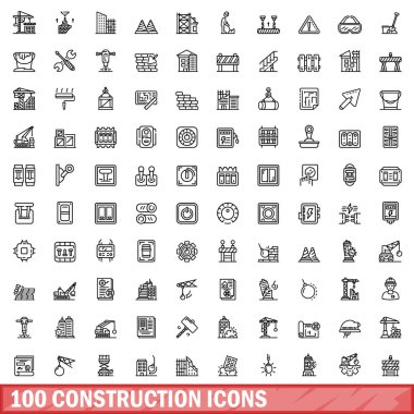 100 inşaat ikonu ayarlandı. Beyaz arkaplanda izole edilmiş 100 yapı ikonu vektörünün taslağı