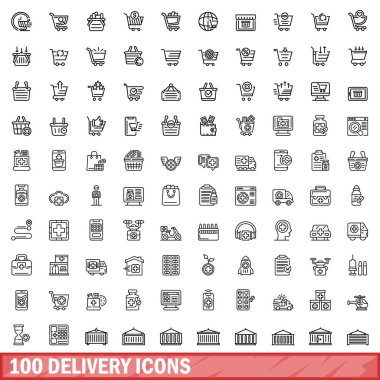 100 dağıtım simgesi ayarlandı. Beyaz arkaplanda izole edilmiş 100 dağıtım simgesi vektörünün ana hatları