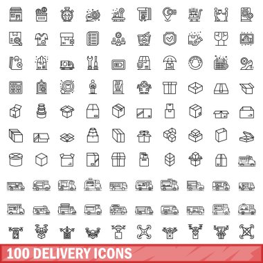 100 dağıtım simgesi ayarlandı. Beyaz arkaplanda izole edilmiş 100 dağıtım simgesi vektörünün ana hatları