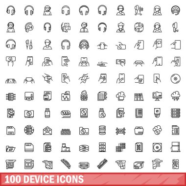 100 aygıt simgesi ayarlandı. Beyaz arkaplanda izole edilmiş 100 aygıt simgesi vektörünün taslak çizimi