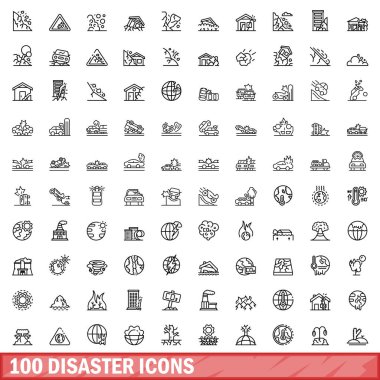 100 felaket ikonu belirlendi. Beyaz arkaplanda izole edilmiş 100 afet ikonu vektörünün ana hatları