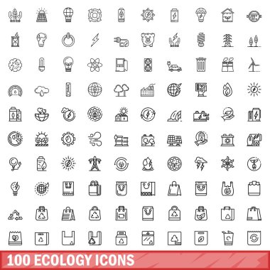100 ekoloji ikonu ayarlandı. Beyaz arkaplanda izole edilmiş 100 ekoloji ikonu vektörünün taslağı