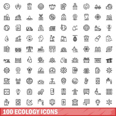 100 ekoloji ikonu ayarlandı. Beyaz arkaplanda izole edilmiş 100 ekoloji ikonu vektörünün taslağı