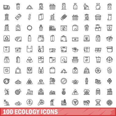100 ekoloji ikonu ayarlandı. Beyaz arkaplanda izole edilmiş 100 ekoloji ikonu vektörünün taslağı