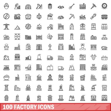 100 fabrika simgesi ayarlandı. Beyaz arkaplanda izole edilmiş 100 fabrika ikonu vektörünün taslağı
