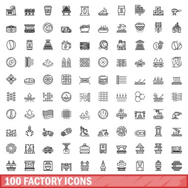 100 fabrika simgesi ayarlandı. Beyaz arkaplanda izole edilmiş 100 fabrika ikonu vektörünün taslağı
