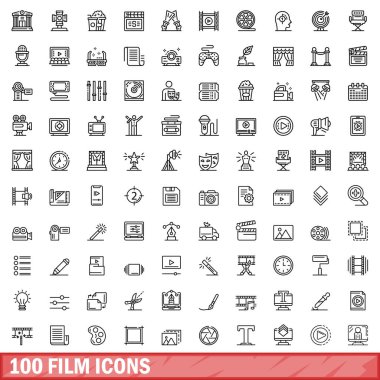 100 film ikonu hazır. Beyaz arkaplanda izole edilmiş 100 film ikonu vektörünün taslağı