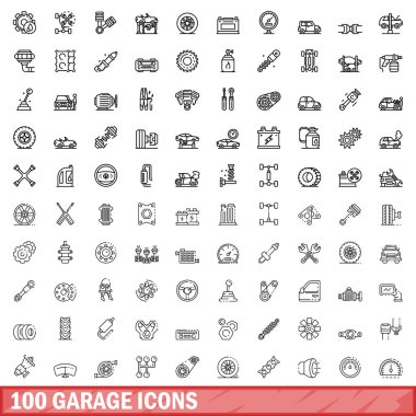 100 garaj simgesi ayarlandı. Beyaz arkaplanda izole edilmiş 100 garaj simgesi çizimi