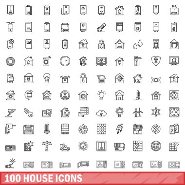100 tane ev simgesi. Beyaz arkaplanda izole edilmiş 100 ev simgesi vektörünün taslak çizimi