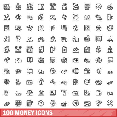 100 para ikonu ayarlandı. Beyaz arkaplanda izole edilmiş 100 para simgesi vektörünün taslağı