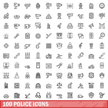 100 police icons set. Outline illustration of 100 police icons vector set isolated on white background clipart