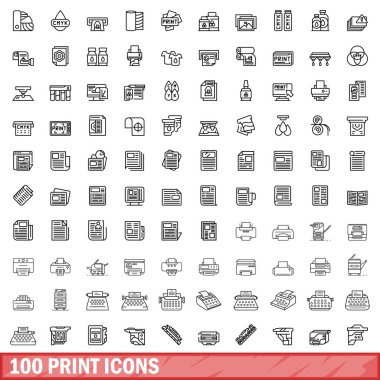 100 yazdırma simgesi ayarlandı. Beyaz arkaplanda izole edilmiş 100 yazdırılmış simge vektörünün taslak çizimi