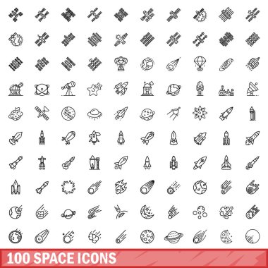 100 uzay simgesi ayarlandı. Beyaz arkaplanda izole edilmiş 100 uzay simgesi vektörünün taslağı