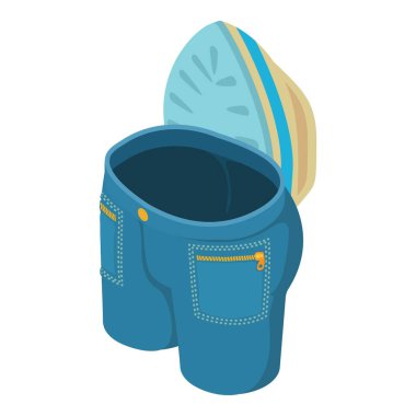 Kotlar ikon izometrik vektörü ütülüyor. Koyu mavi, temiz kırpılmış kot pantolon, ütü. Çamaşır, kuru temizleme, ütü.