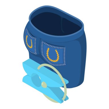 Kurutulmuş kot ikonu izometrik vektörü. Koyu mavi temiz kot ve çamaşır tokası ikonu. Çamaşır, kurutma, ev işleri.