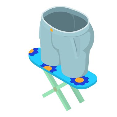 Kıyafet ikonu izometrik vektörü ütüleniyor. Ütü masasında gri, temiz kesilmiş kot pantolon. Çamaşır, kuru temizleme.