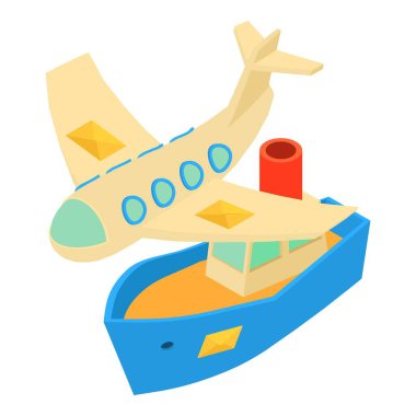 Yazışma dağıtım ikonu izometrik vektörü. Uçan uçak ve yüzen tekne. Hızlı teslimat konsepti