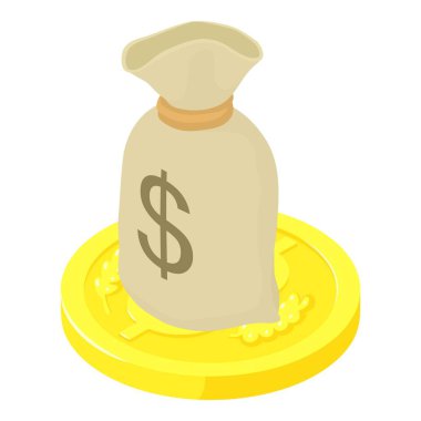 Zenginlik konsepti izometrik vektörü. Büyük altın sikke ikonu üzerine para dolu çanta. Servet, şans, başarı