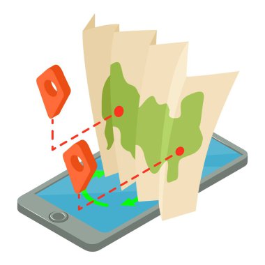 Çevrimiçi navigasyon ikonu izometrik vektörü. Yer belirleme uygulaması ve haritası olan akıllı telefon. Modern yönlendirme, GPS konsepti