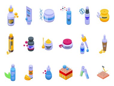 Kolajen simgeli kozmetik ürünler izometrik vektör belirledi. Sıvı keratin. Vitamin kılı