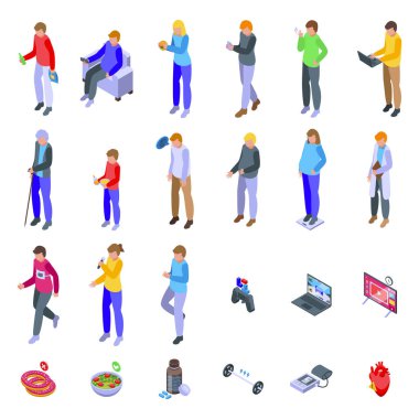 Pasif yaşam ikonları izometrik vektör belirledi. Tütün tüttür. Bağımlı kişi