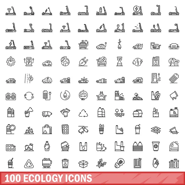 100 Öko Symbole Gesetzt Umriss Illustration Von 100 Ökologie Symbole — Stockvektor