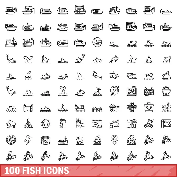 Conjunto 100 Ícones Peixe Delinear Ilustração 100 Ícones Peixe Conjunto — Vetor de Stock
