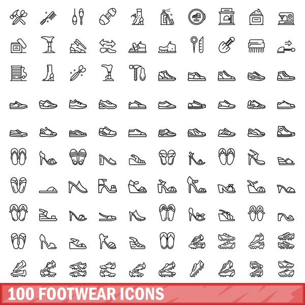 Σύνολο 100 Εικονίδια Παπουτσιών Εικονογράφηση Περίγραμμα 100 Εικονίδια Υπόδησης Διάνυσμα — Διανυσματικό Αρχείο