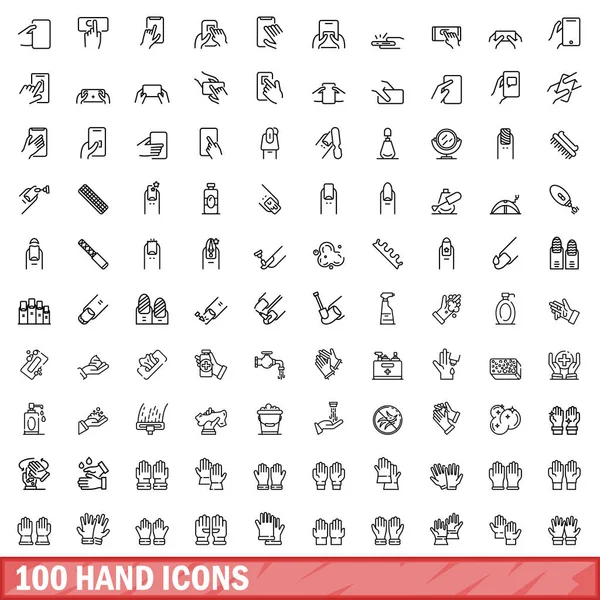 100 Iconos Mano Esquema Ilustración 100 Iconos Mano Vector Conjunto — Vector de stock