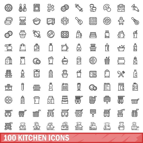 100 Iconos Cocina Esquema Ilustración 100 Iconos Cocina Vector Conjunto — Vector de stock