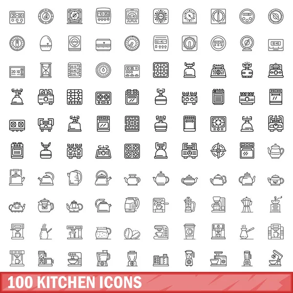 100 Iconos Cocina Esquema Ilustración 100 Iconos Cocina Vector Conjunto — Vector de stock