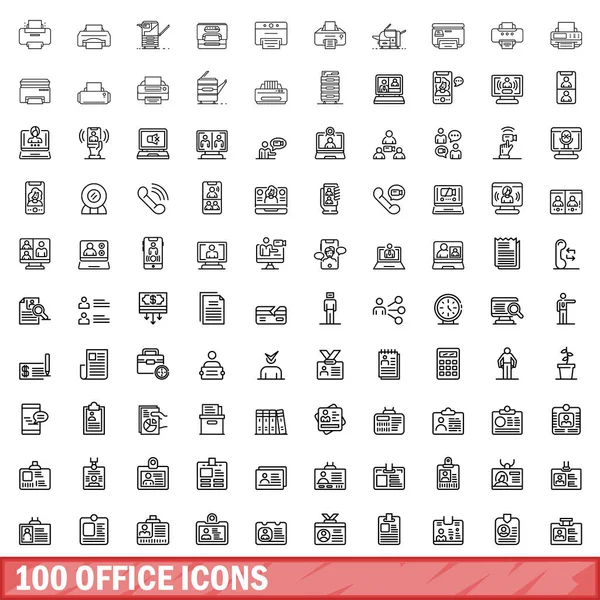100 Iconos Oficina Esquema Ilustración 100 Iconos Oficina Vector Conjunto — Vector de stock