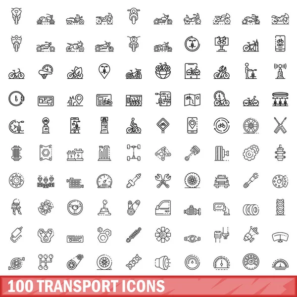 Ensemble 100 Icônes Transport Illustration Schématique 100 Vecteurs Icônes Transport — Image vectorielle