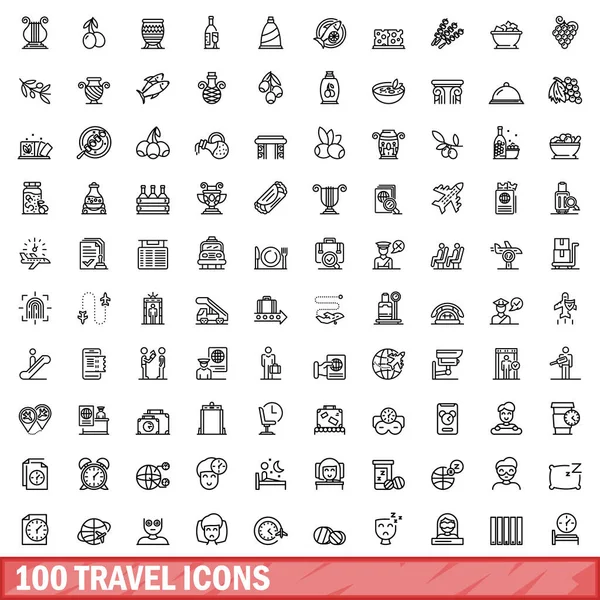 100 Iconos Viaje Esquema Ilustración 100 Iconos Viaje Vector Conjunto — Archivo Imágenes Vectoriales