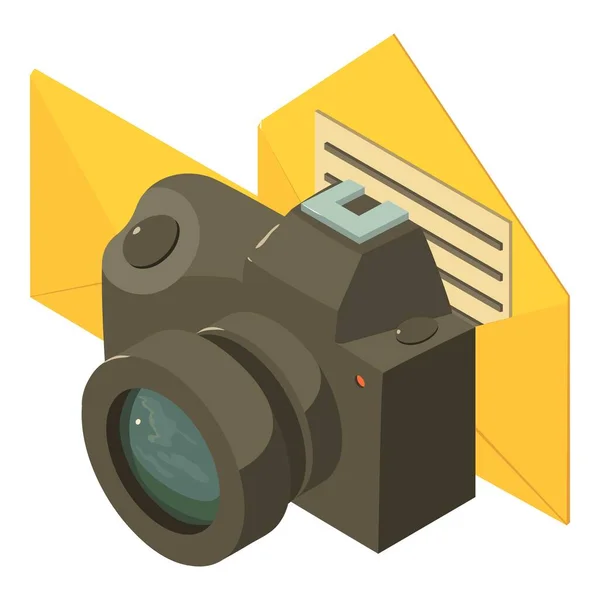 Dinlenme Konsepti Izometrik Vektörü Modern Fotoğraf Makinesi Açık Kağıt Zarf — Stok Vektör