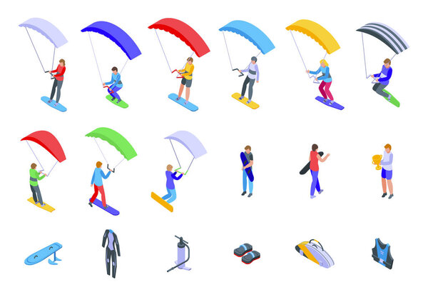 Kitesurfing icons set isometric vector. Sport kite. Fun active board