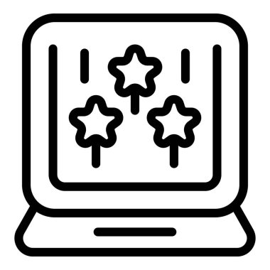 Dizüstü bilgisayar ikonu ana hatları vektörünü zevkle. Mutlu insan. İnsanlar eğlenceli