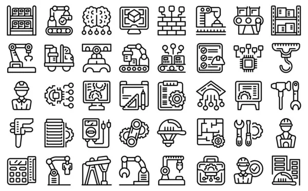 Engineer Factory Icons Set Outline Vector Machine Work Technical Computer — Stock Vector