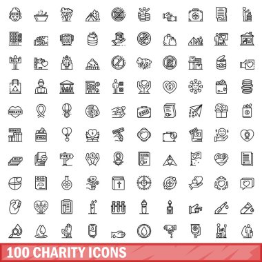 100 tane hayır kurumu ikonu. Beyaz arkaplanda izole edilmiş 100 yardım simgesi vektörünün taslağı