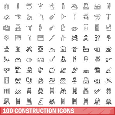 100 inşaat ikonu ayarlandı. Beyaz arkaplanda izole edilmiş 100 yapı ikonu vektörünün taslağı