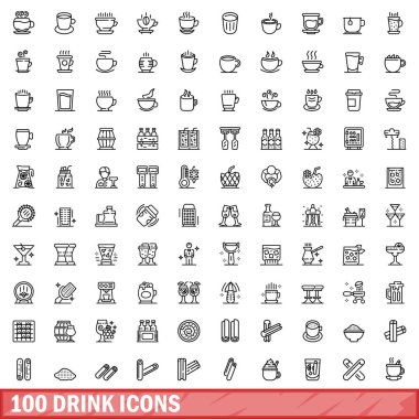 100 içecek ikonu hazır. Beyaz arkaplanda izole edilmiş 100 içecek ikonu vektörünün taslağı