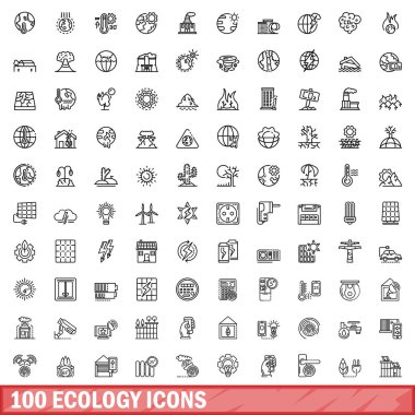 100 ekoloji ikonu ayarlandı. Beyaz arkaplanda izole edilmiş 100 ekoloji ikonu vektörünün taslağı