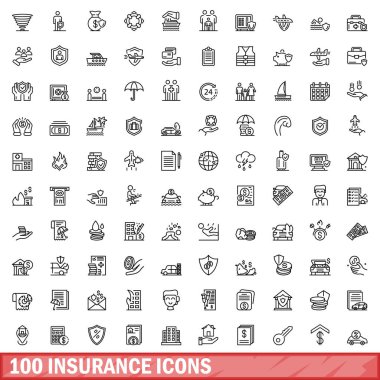 100 sigorta ikonu ayarlandı. Beyaz arkaplanda izole edilmiş 100 sigorta ikonu vektörünün taslağı