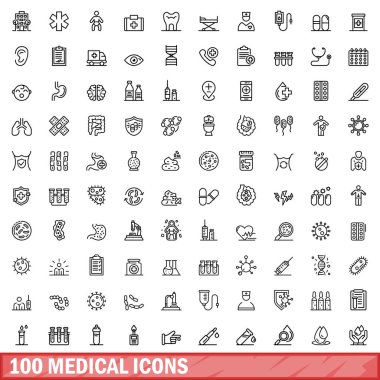 100 tıbbi ikon hazır. Beyaz arkaplanda izole edilmiş 100 tıbbi simge vektörünün taslağı